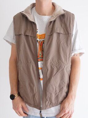Vintage Woolrich Tan Fleece Lined Utility Travel Vest Zip Outdoor Layering XL